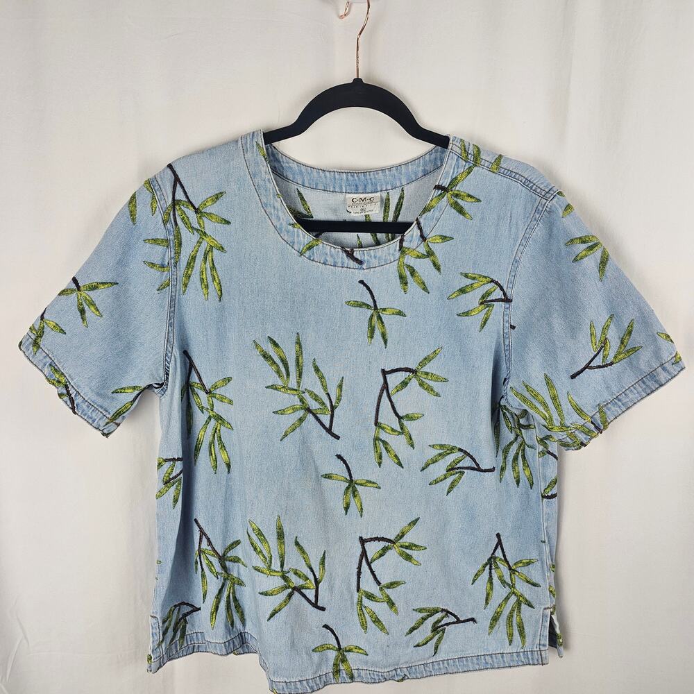 C.M.C Color Me Cotton Embroidered Denim Top Bamboo Print Vintage 90s Womens XL
